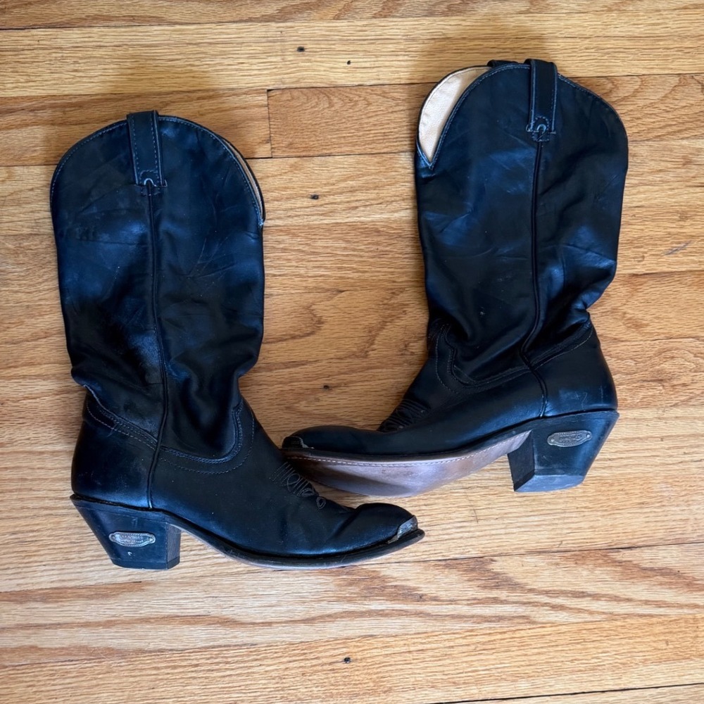 Code West Western Cowboy Boots Black Leather Sz 8.5 Pointed Toe Metal Tip Women
